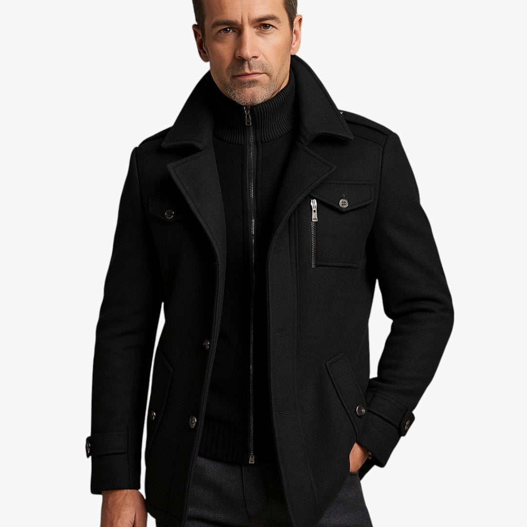 Langer Herrenmantel mit Rollkragen und Reißverschluss – Wintermodell