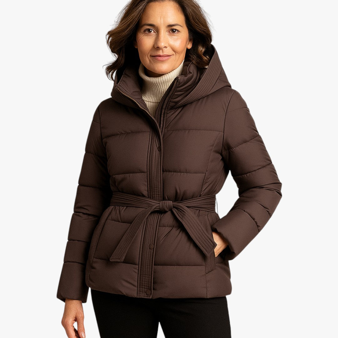 Gefütterte Damenjacke mit Kapuze und Taillengürtel – Winter Kurzmodell