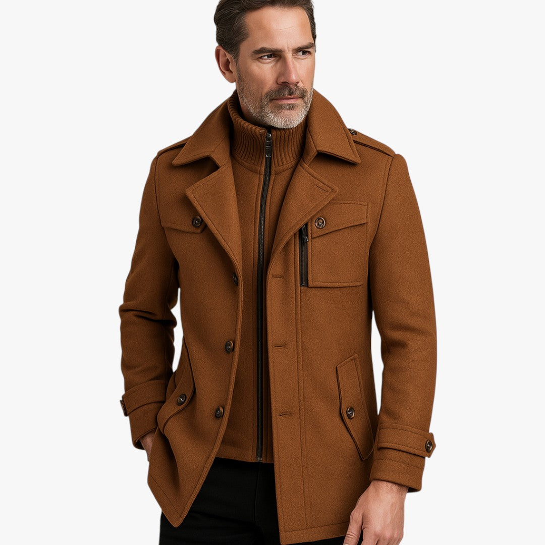 Langer Herrenmantel mit Rollkragen und Reißverschluss – Wintermodell
